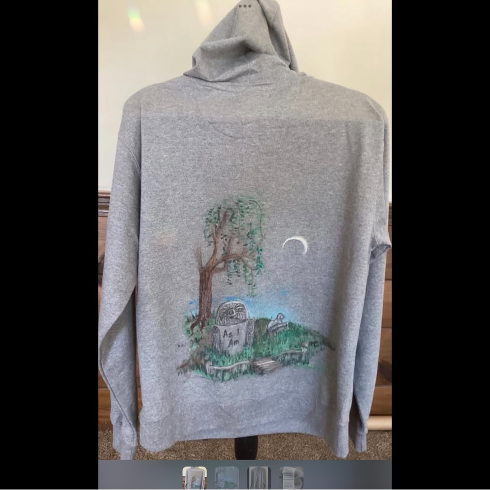 L Cemetary Lover’s Hand Painted 40 - 44 Americana Gray Hoodie Sweatshirt Magic!